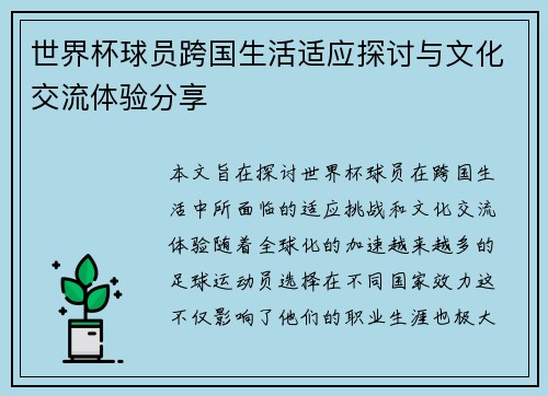 世界杯球员跨国生活适应探讨与文化交流体验分享